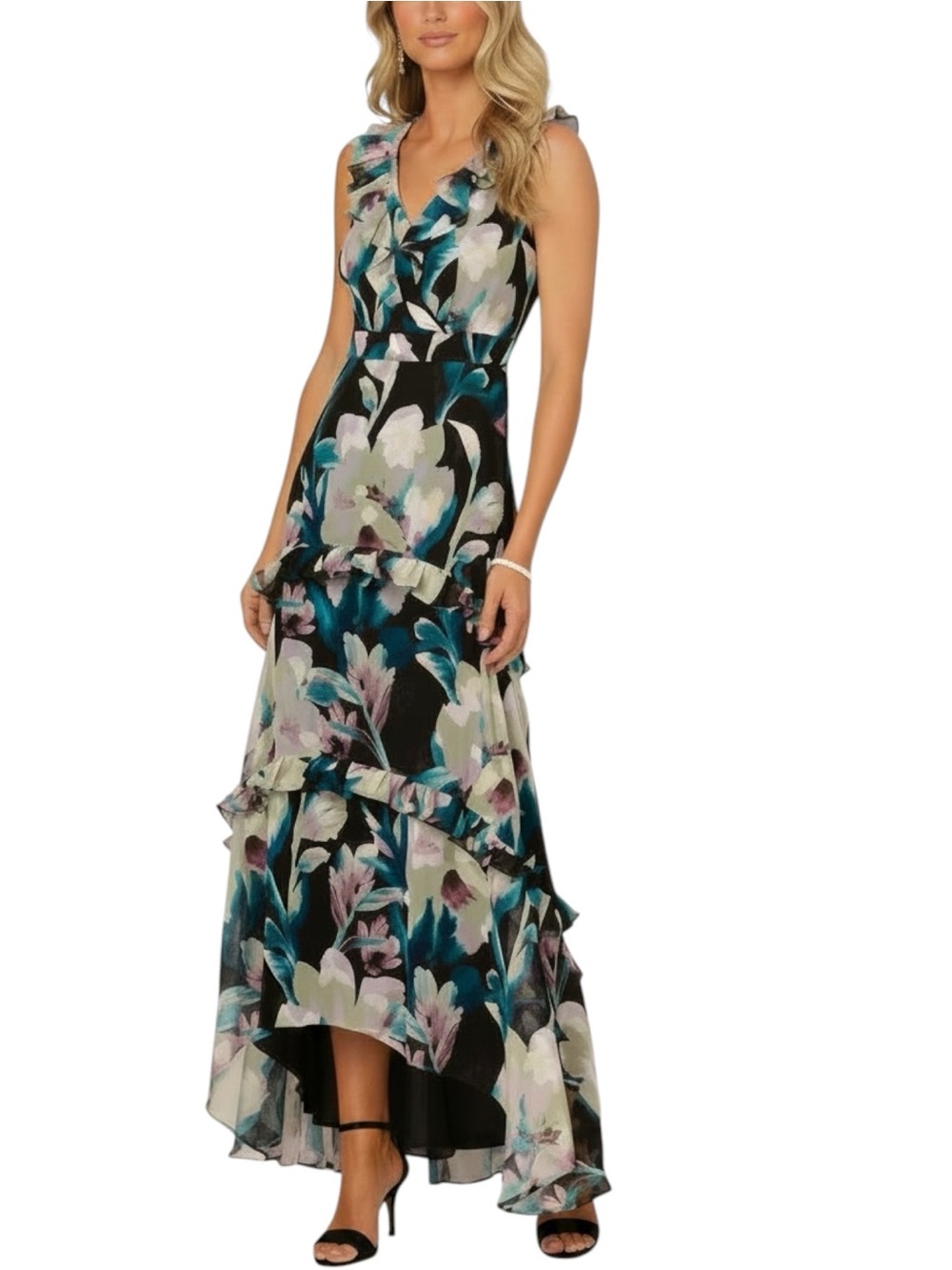 NWT ADRIANNA PAPELL Black Floral Sleeveless Chiffon High Low Ruffle Gown Size 6